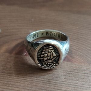 Men's Silver-Tone Signet Ring with Brown Ship Detail
